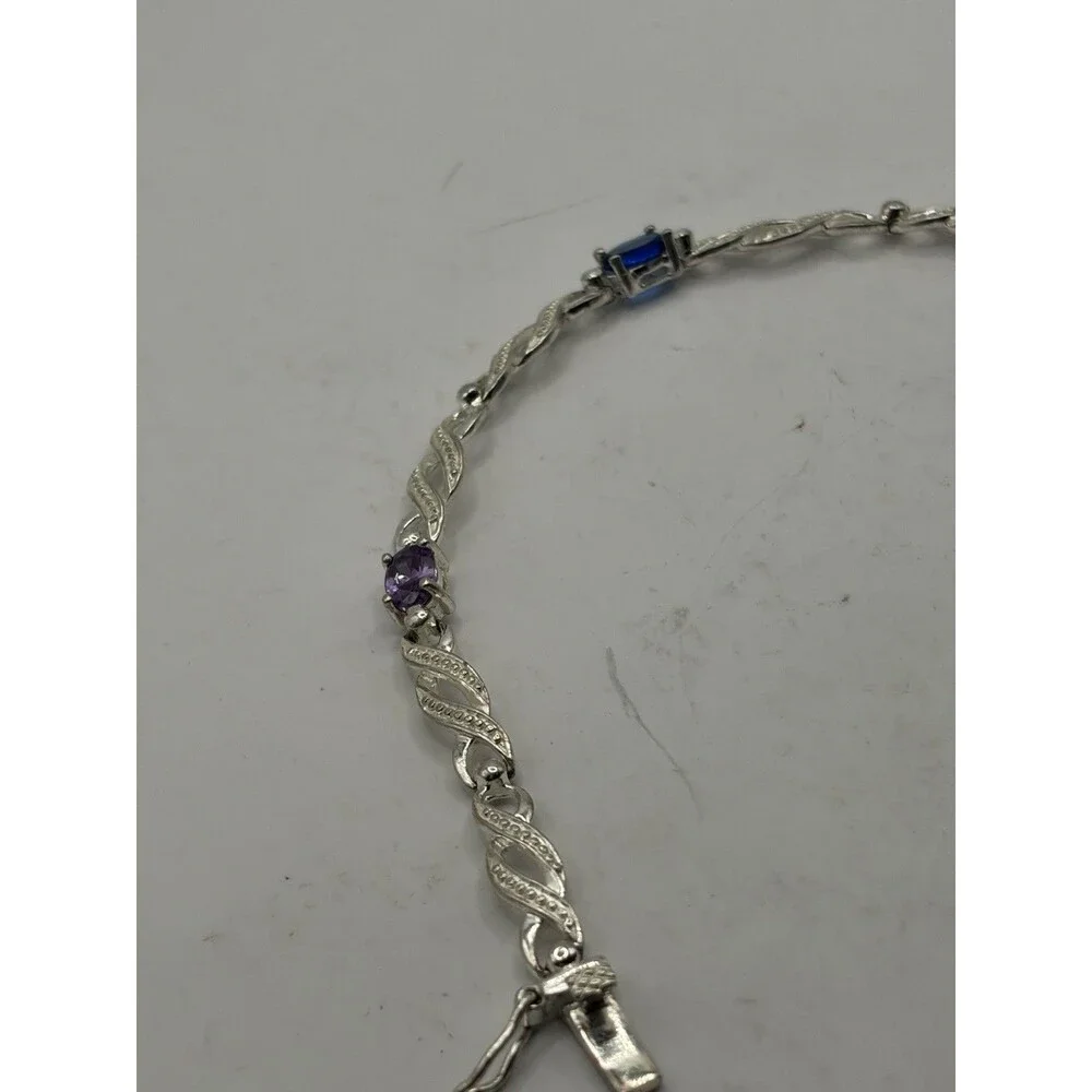 Sterling Silver  Multi-5. Colored Gemstone Link tennis Bracelet 925 7